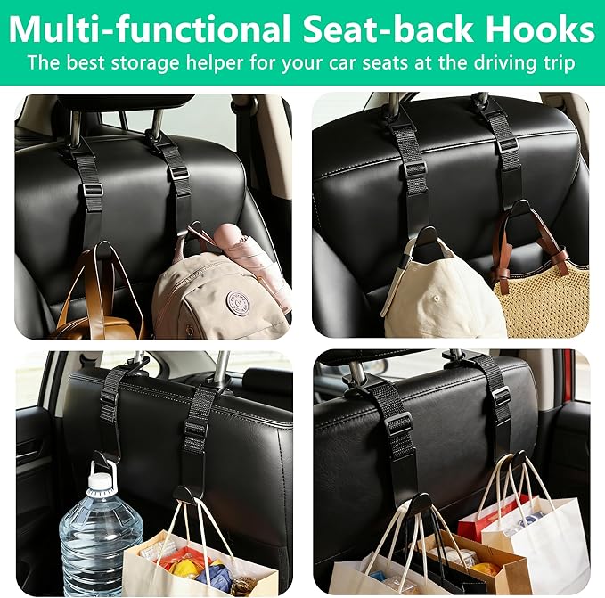 Amooca Adjustable Car Headrest Hooks, 4 Pack Universal Fit Vehicle Seat Back Organizer Hanger for Purse, Bags & Groceries, Black