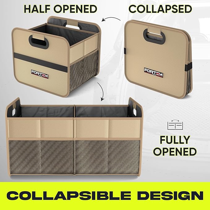 FORTEM Car Trunk Organizer, Collapsible Two Compartment Organizer, Foldable SUV & Truck Storage for Car Accessories for Women Men, Non Slip Bottom, Sturdy Side Walls, Strong Handles, 45L