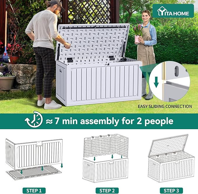YITAHOME 90 Gallon Double-Wall Deck Box with Side Handles, Outdoor Large Storage for Patio Furniture Cushions, Garden Pool Accessories, Water Resistant & Lockable