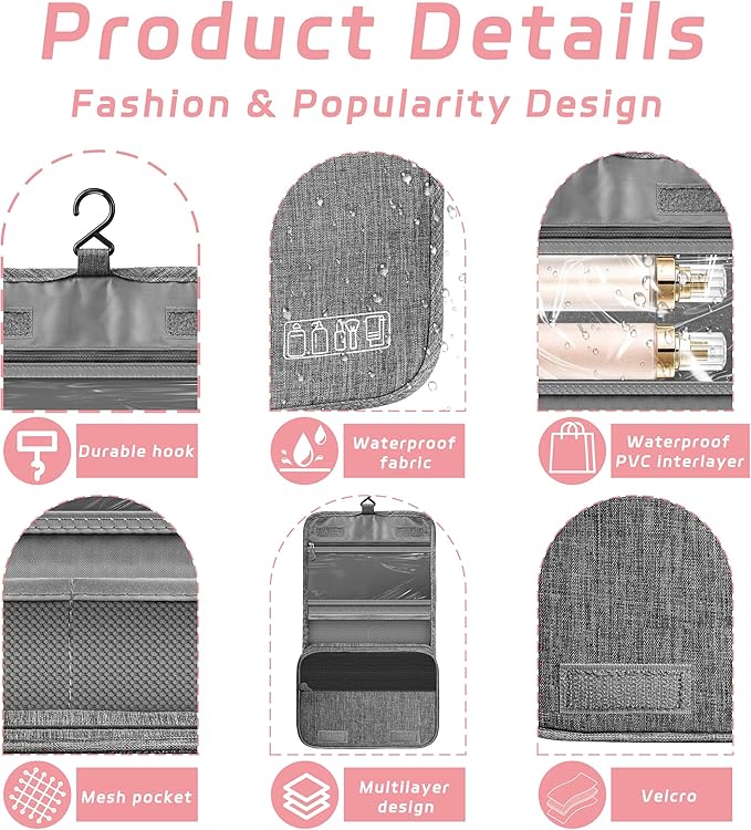 Toiletry Bag Travel Bag with Hanging Hook, Waterproof Shower Bathroom Hanging Toiletry Bag for Men Women,Small Multifunctional Makeup Cosmetic Bag,Portable Toiletries Bag Travel Organizer (Grey)