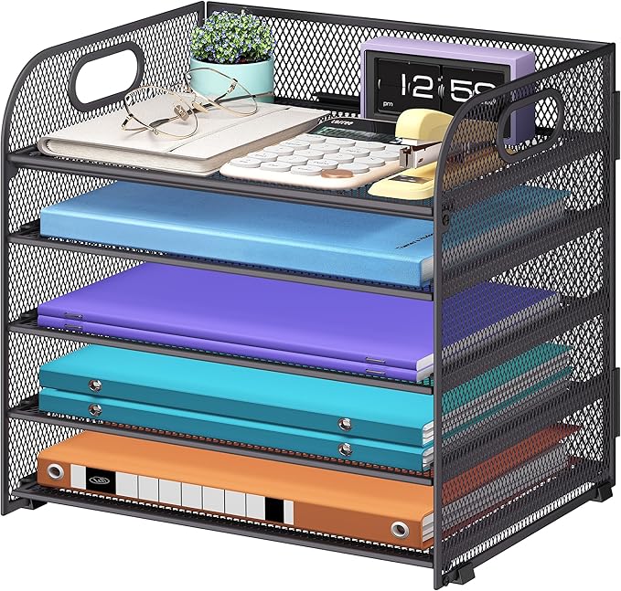 Cawukege 5 Tier Paper Organizer with Handle, Grey Metal Mesh Desk Organizer File Folder Paper Letter Tray Desktop Document Sorter for Classroom, School, Office Accessories Organization and Storage