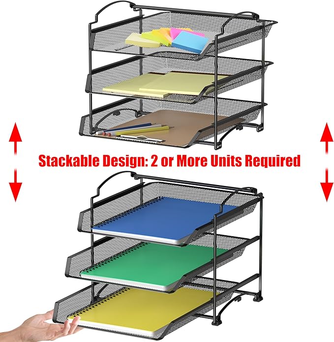 Simple Houseware 3-Tier Stackable and Sliding Desktop Document Letter Tray Organizer, Black