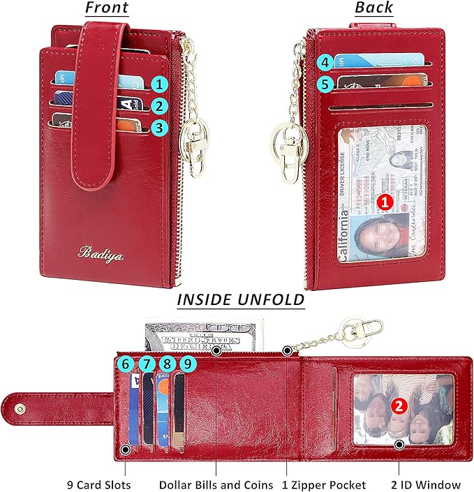 Badiya Slim Women Wallet RFID Blocking Bifold Compact 9 Card Slots Holder Wallets Soft Leather with Zipper Coin Pocket 2 ID Window