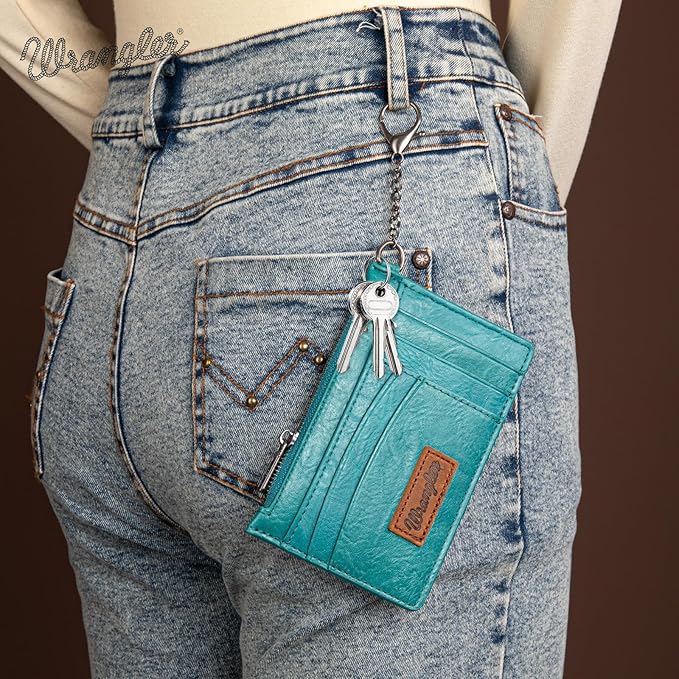 Montana West X Wrangler Wallet Card Holder RFID Credit Card Holder for Women Small Card Wallet Keychain Wallet with Wristlet Strap