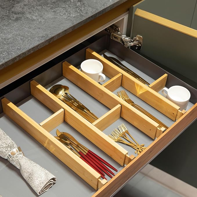 Basicwise Expandable & Adjustable Drawer Organizer with 4 Dividers & 4 Inserts Storage Solution for Home Office Dresser Desk Kitchen Bedroom Closet Separator for Socks Cutlery Clothes and Accessories