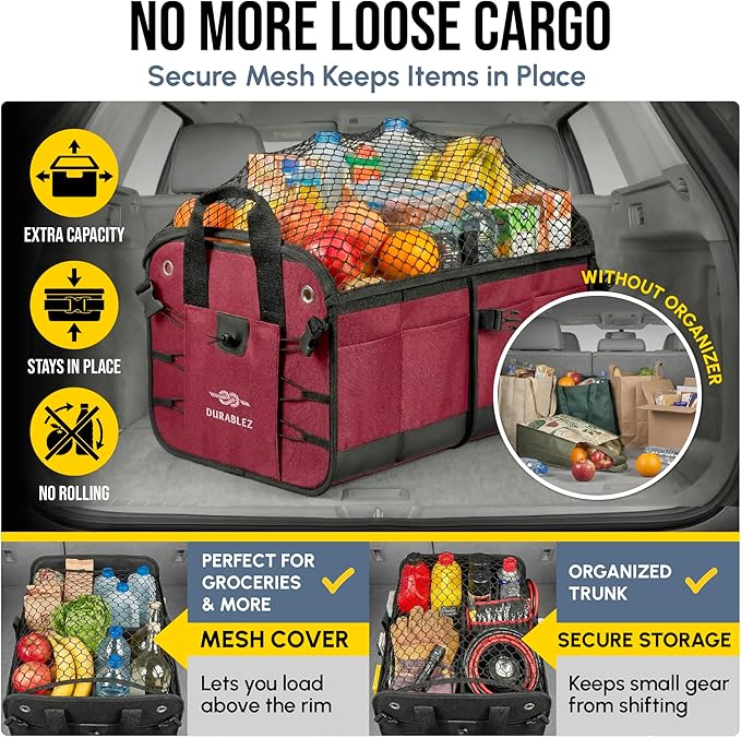 4-Section Trunk Organizer for SUV, Truck, Van, Sedan – Modular Extra Large Cargo Bin, Detachable Car Trunk Storage with Dividers, Collapsible Auto Organization System – Cherry