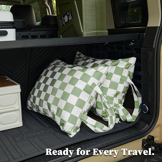 Ohocut Checkered 2 Pcs Large Travel Laundry Bags for Dirty Clothes, Aesthetic Trendy Waterproof Washable Laundry Bag with Handle for Travel, Gym, Swimming Pool Sage Green