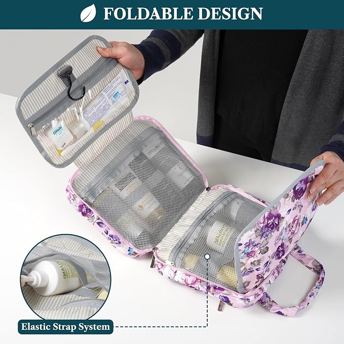 PAVILIA Hanging Toiletry Bag for Women, Large Foldable Travel Toiletry Organizer with Hook, Water Resistant Makeup & Cosmetic Case for Toiletries Skincare Shampoo, Dopp Kit Travel Bag (Purple Floral)
