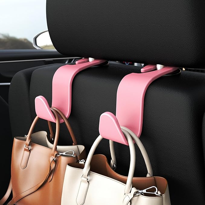 Amooca Universal Car Headrest Hooks, Car Organizer Hanger Storage Hooks for Bag Purse Cloth Grocery (Pink Set of 4)