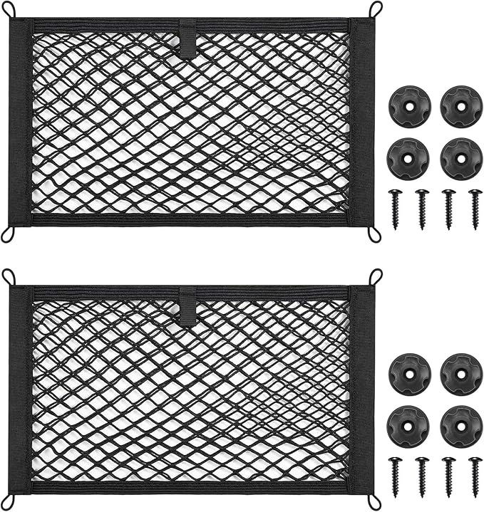 2 Layer Small Cargo Net,Cargo Storage Pocket Net, Mesh Elastic Pouch Organizer with Mounting Screws Hooks for Car,Rv, Trunk,Boats,SUV, Truck(2 Pack,15.8 x 9.8 Inch(40 x25cm)