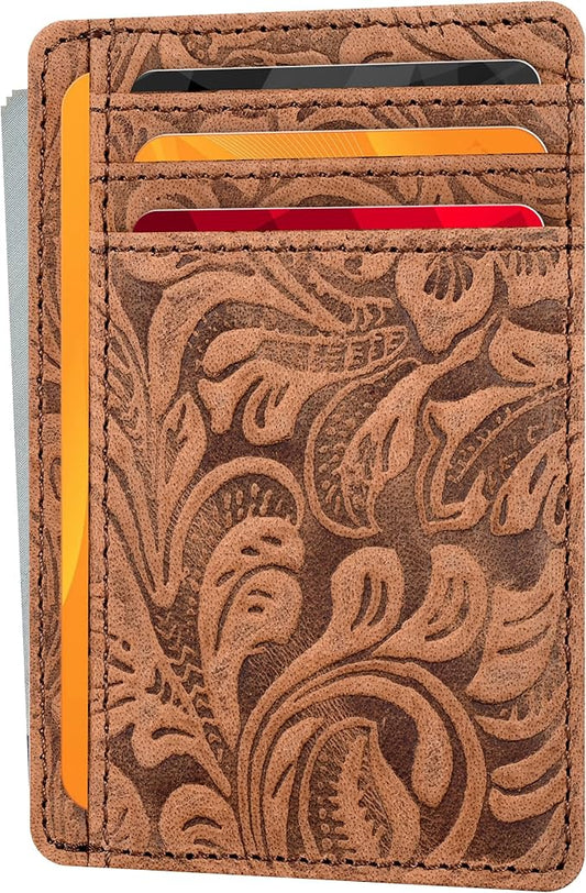 Real Leather Slim Minimalist Wallet for Men and Women -RFID Blocking Front Pocket Thin Credit Card Holder Stylish Wallets (Cognac1)