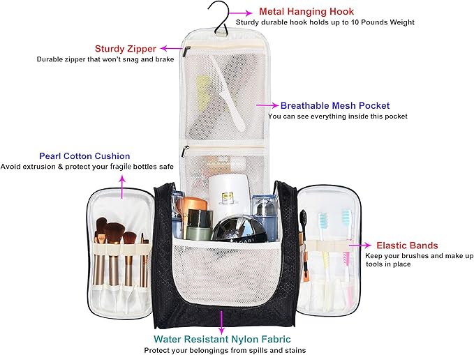 Freegrace Extra Large Hanging Toiletry Bag for Men and Women - Water-Resistant Nylon Travel Bathroom Organizer for Cosmetics, Makeup, and Toiletries