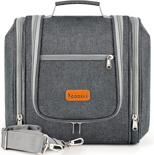 COOSKY Hanging Toiletry Bag for Women & Men, Cruise Ship Travel Essentials, Holds Full Size Shampoo, with Dry and Wet Separation Cosmetic Bag, Makeup Organizer Bag, Bathroom Water-resistant Bag, Grey