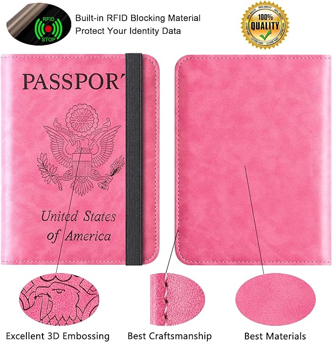 Passport Holder for Travel Essentials Wallet Rfid Blocking Cover Leather Case Vacation Travel Accessories for Women Men (602#Pink)