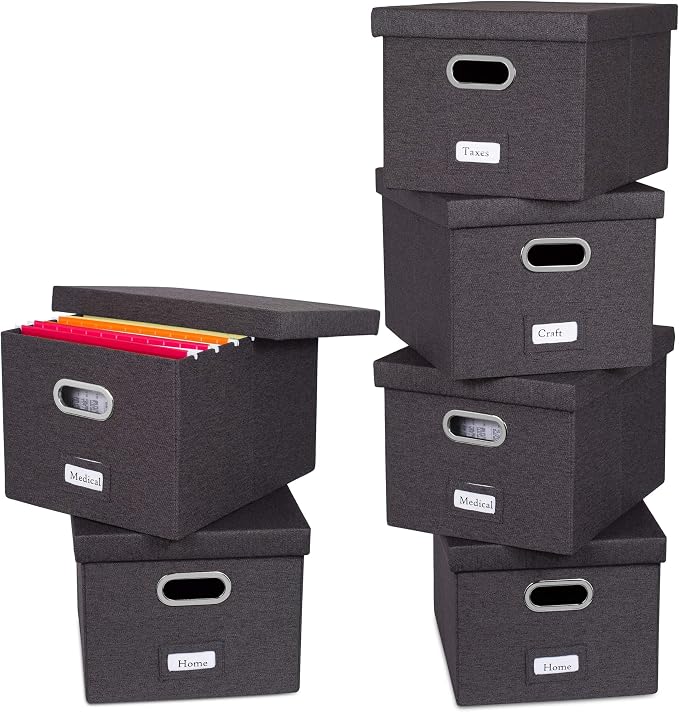 Internet's Best Collapsible File Storage Organizer with Lid - Decorative Linen Filing & Storage Office Box – Hanging Letter/Legal Folder – Home Office Bins Cabinet – Charcoal Container - 6 Pack