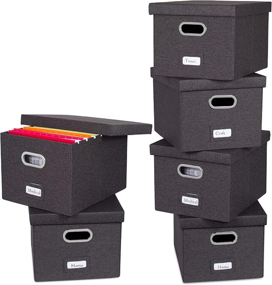 Internet's Best Collapsible File Storage Organizer with Lid - Decorative Linen Filing & Storage Office Box – Hanging Letter/Legal Folder – Home Office Bins Cabinet – Charcoal Container - 6 Pack