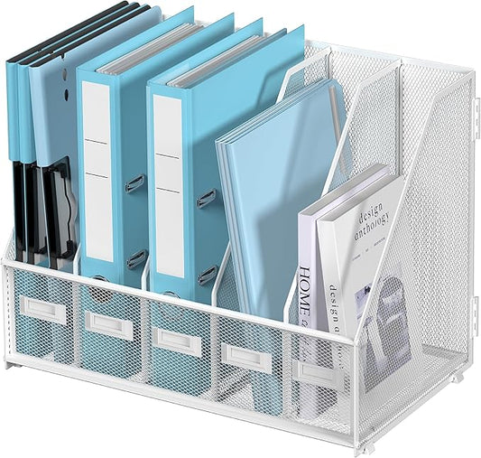 SUPEASY Desk Organizers Metal Desk Magazine File Holder with 5 Vertical Compartments Rack File Organizer for Office Desktop, Classroom, Home Workspace, White Plus