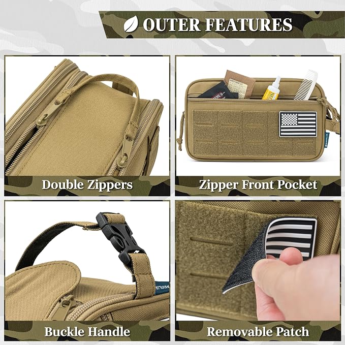 PAVILIA Tactical Toiletry Bag for Men, Water Resistant Molle Military Dopp Kit, Travel Hygiene Organizer with Wet Dry Storage for Shaving, Grooming, Gym and Camping, Tan