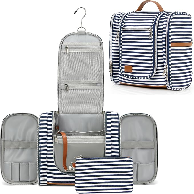Hanging Travel Toiletry Bag For Women, 4 in 1 Water-Resistant Bule Stripe Canvas Fabric Toiletries Bags, Travel Organizer Bags For Cosmetics, Makeup and Toiletries Organizer Kit