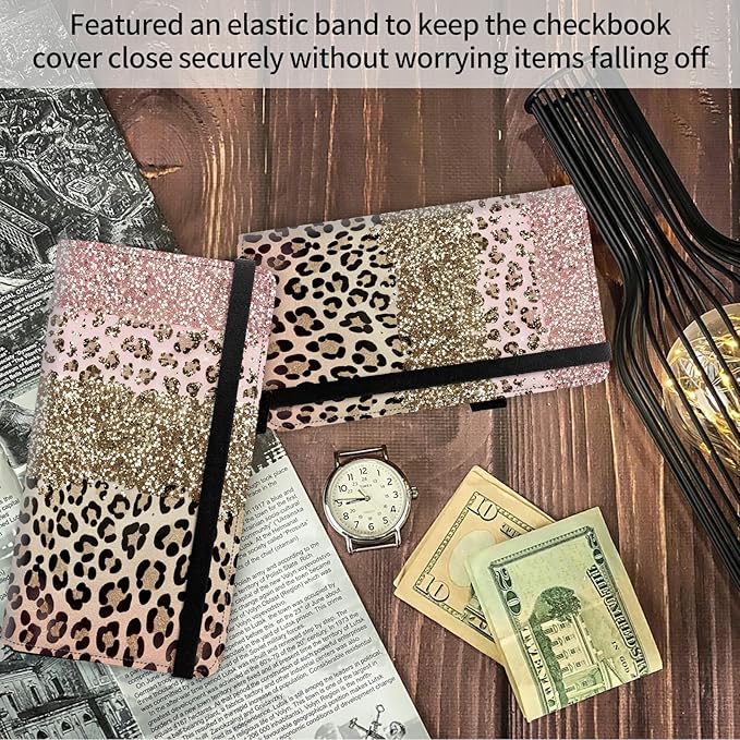 FUYOCWE Leather Checkbook Covers for Men Women Check book Holder Cover Wallets for Personal Checkbook Duplicate Checks with RFID Blocking & Elastic Strap-Pink Gold Leopard print
