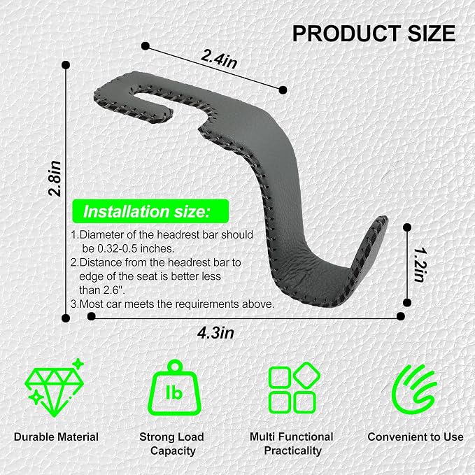 Amooca Car Seat Headrest Hook, Universal Vehicle Storage Hanger, Leather with Metal Car Seat Back Organizer for Handbag, Purse, Coat, Ergonomic Design, Gray 2 Pack