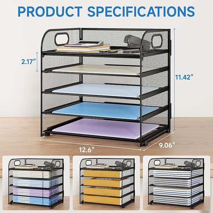 Paper Organizer Letter Tray with Handle Mesh 5 Trays Desk File Organizer Paper Sorter Desk Organizer for Office, Home or School-Black 2 Pack