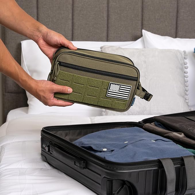 PAVILIA Tactical Toiletry Bag for Men, Water Resistant Molle Military Dopp Kit, Travel Hygiene Organizer with Wet Dry Storage for Shaving, Grooming, Gym and Camping, Olive