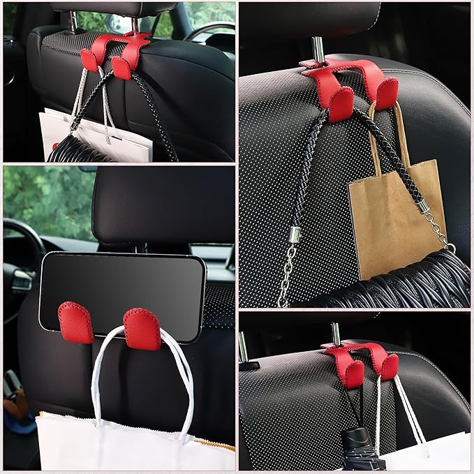 LivTee Upgraded Superior Leather Car Seat Back Headrest Hook, 2 in 1 Auto Seat Hook Hangers Holder Organization Interior Accessories for Purses Coats Umbrellas Grocery Bags Handbag (Red)
