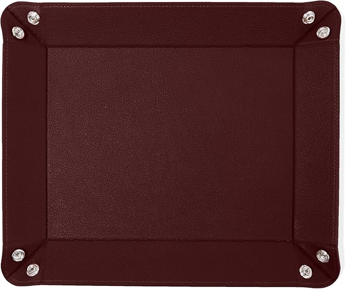 Leatherology Bordeaux Leather Rectangle Valet Tray – Sleek Catchall Organizer for Desk, Nightstand, or Entryway – Snap Design with Stitched Edge Detailing