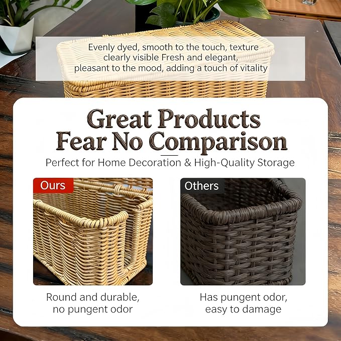Rattan Woven Cable Management Box, 12.4"x5.1"x5.1" Farmhouse Style Power Strip Organizer, TV Stand Desk Cord Storage Box, Desktop Wire Organizer, PP and Iron Frame, Natural Color (Light)