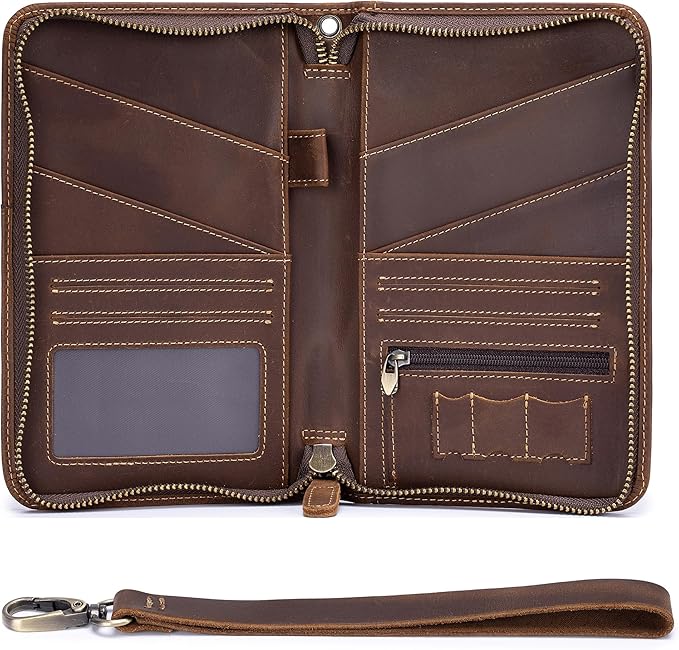 Genuine Leather Passport Holder for Family of 6, RFID Blocking Travel Wallet with Zipper Large Capacity – Vintage Crazy Horse Leather, 6 Passport Slots, Card Holders & Wristlet (Coffee, Large)