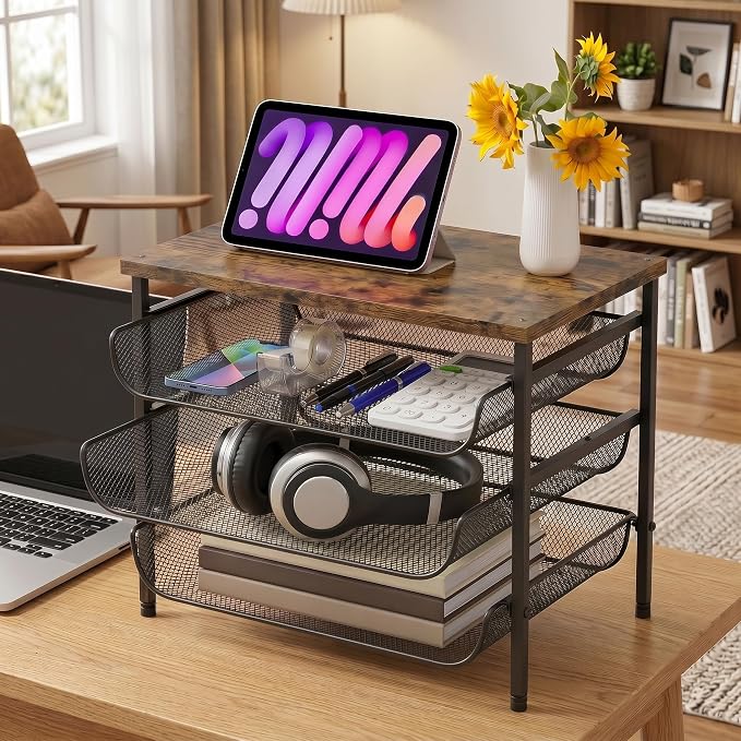 4-Tier Mesh Desk Organizer with Drawer Wooden Top Desktop Organizers File Holder Letter Tray Supplies Paper Organizer Home Office Accessories Black