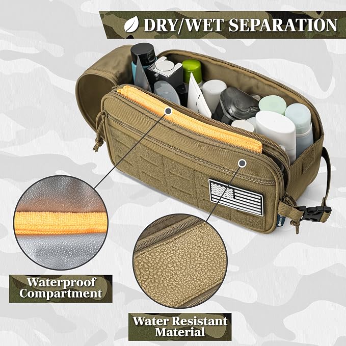 PAVILIA Tactical Toiletry Bag for Men, Water Resistant Molle Military Dopp Kit, Travel Hygiene Organizer with Wet Dry Storage for Shaving, Grooming, Gym and Camping, Tan