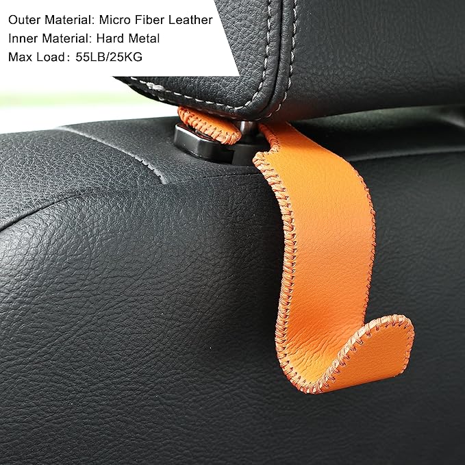 Amooca Car Seat Headrest Hook Universal Vehicle Storage Hanger Leather with Metal Car Seat Back Organizer for Handbag Purse Coat Orange 4 Pack
