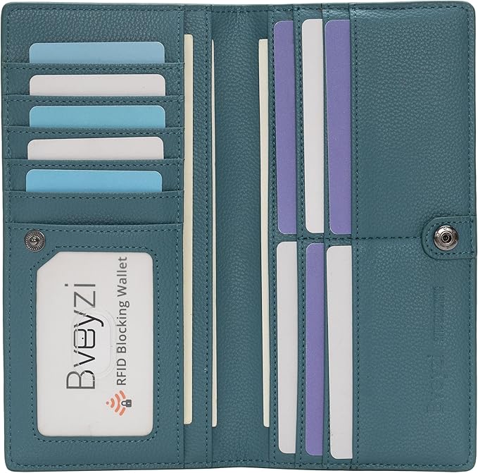 Bveyzi Ultra Slim Thin Leather RFID Blocking Credit Card Holder Bifold Clutch Wallets for Women
