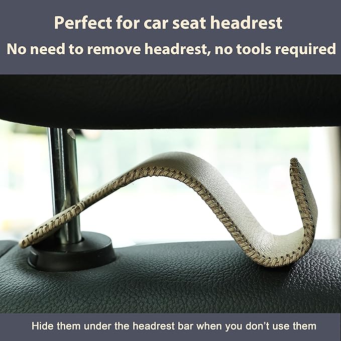 Amooca Car Seat Headrest Hook Universal Vehicle Storage Hanger Leather with Metal Car Seat Back Organizer for Handbag Purse Coat Beige 4 Pack