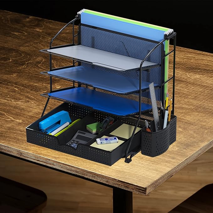 Simple Houseware Desktop Document Tray Organizer with Sliding Drawer/Caddy/Hanging File Section, Black