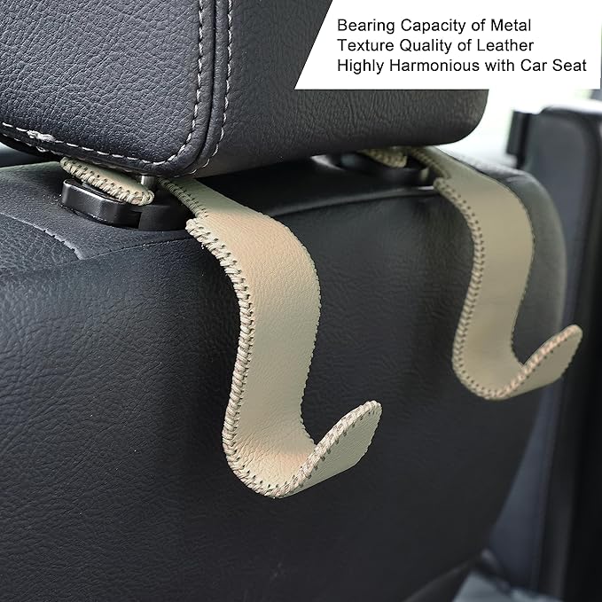 Amooca Car Seat Headrest Hook Universal Vehicle Storage Hanger Leather with Metal Car Seat Back Organizer for Handbag Purse Coat Beige 4 Pack