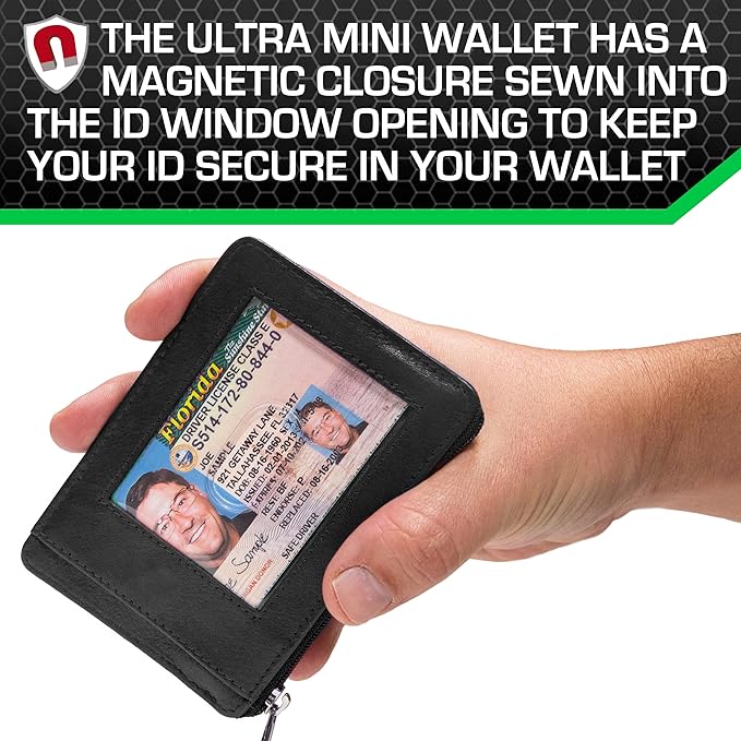 ID Stronghold RFID Front Pocket Wallet Mini Minimalist Wallet Slim Wallet Genuine Leather with Zipper, Small Black
