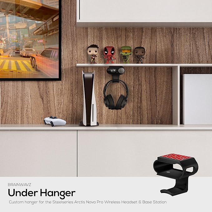 Under Desk Headphone Hanger Stand for Steelseries Arctis Nova Pro Wireless Headsets with Dock for the Wireless Base Station by Brainwavz (HPS02)