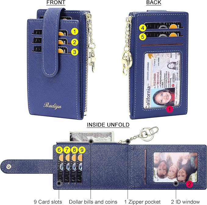 Badiya Slim Women Wallet RFID Blocking Bifold Compact 9 Card Slots Holder Wallets Soft Leather with Zipper Coin Pocket 2 ID Window
