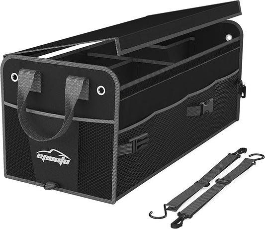 EPAuto Car Trunk Organizer with Adjustable Multi Compartment, Removal Lid and Securing Straps, Black