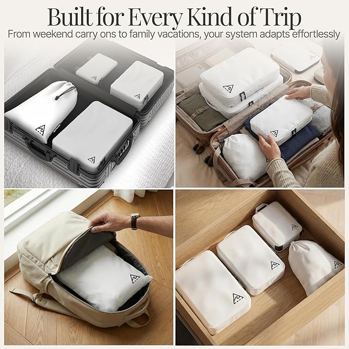 Well Traveled 4 pcs Compression Packing Bags Cubes Set with HybridMax Double-Capacity Design - Packing Cubes for Travel Compression to Maximize Limited Luggage Space, White