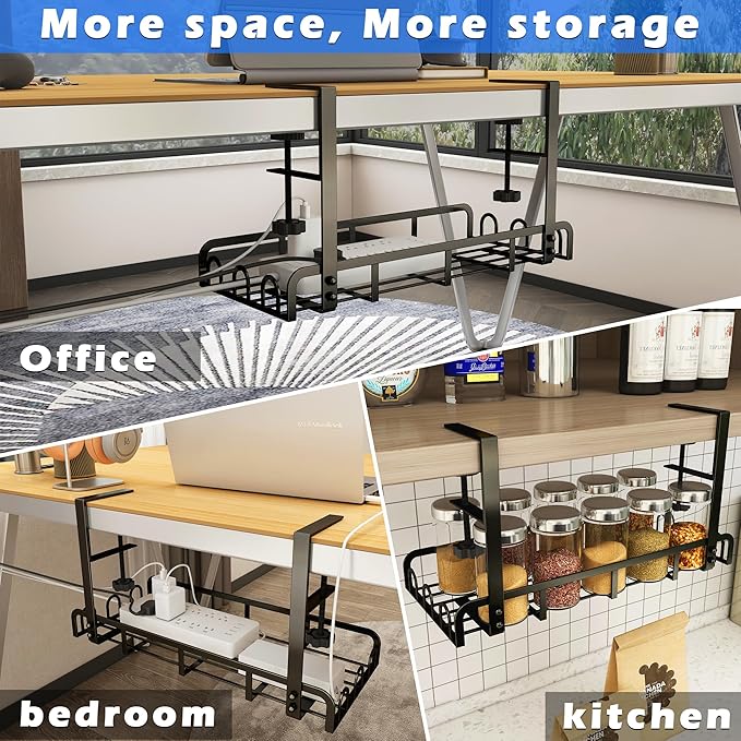 Sleclean Under Desk Cable Management Tray,2 Pack, Upgraded Long Arm Clamp, 16.6"x7.1" No Drill Steel Organizers, Cable Tray with Clamp for Wire Management,Home-No Damage to Desk