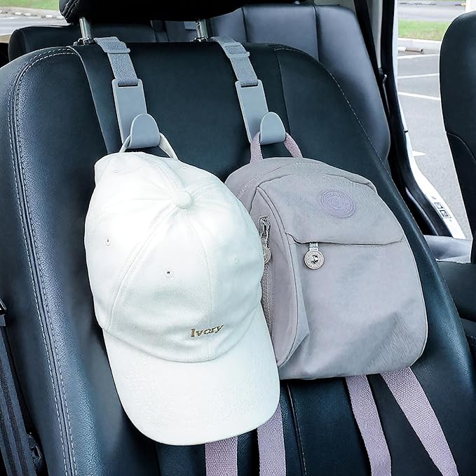 Amooca Car Headrest Hooks 4 Pack Adjustable Universal Fit Auto Seat Back Organizer Storage Hanger Purse Bags Holder with Clip Gray