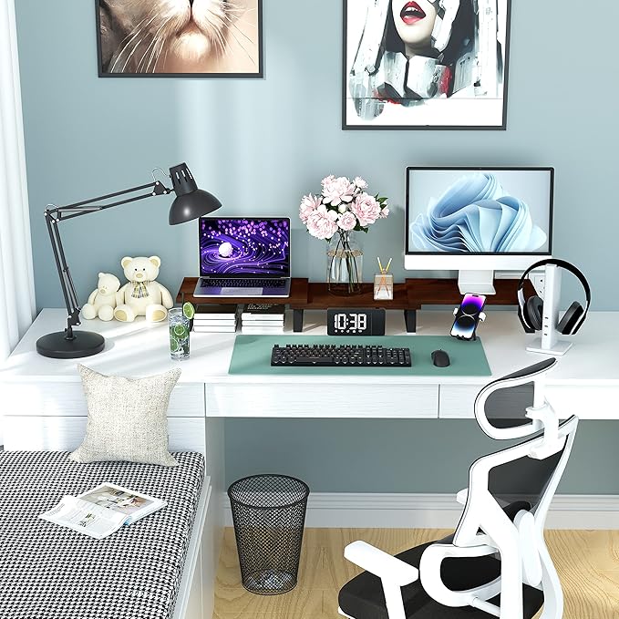 Aothia Large Dual Monitor Stand - Computer Monitor Stand, Desk Shelf For Monitor,Wood Monitor Stand With Adjustable Length And Angle,Desktop Organizer,Large Monitor Stand For Pc,Laptop(Vintage)