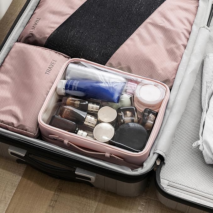 GRANNY SAYS TSA Approved Toiletry Bag, Clear Makeup Bag, Travel Toiletry Bag for Women, Leather Travel Cosmetic Bag, Portable PVC Waterproof Bag, Large Makeup Organizer, Pink