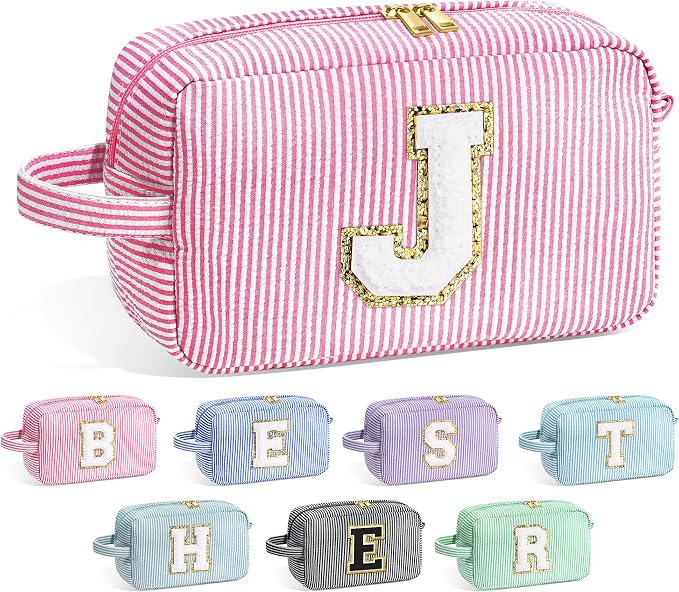 YOOLIFE Initial Makeup Bag for Women - Monogram Cute Makeup Bags Cosmetic Case Toiletry Pouch for Women Her Best Friend Sister Teacher, Personalized Birthday Gifts for Women, Pink J