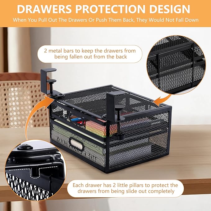 Sliding Under Desk Drawer Organizer No Drilling 2 Drawers Slide Out Desktop Or Under Table Storage Metal Clamp On Desk Drawer Attachment Anti-Slip Under Desk Organizer for Home & Office