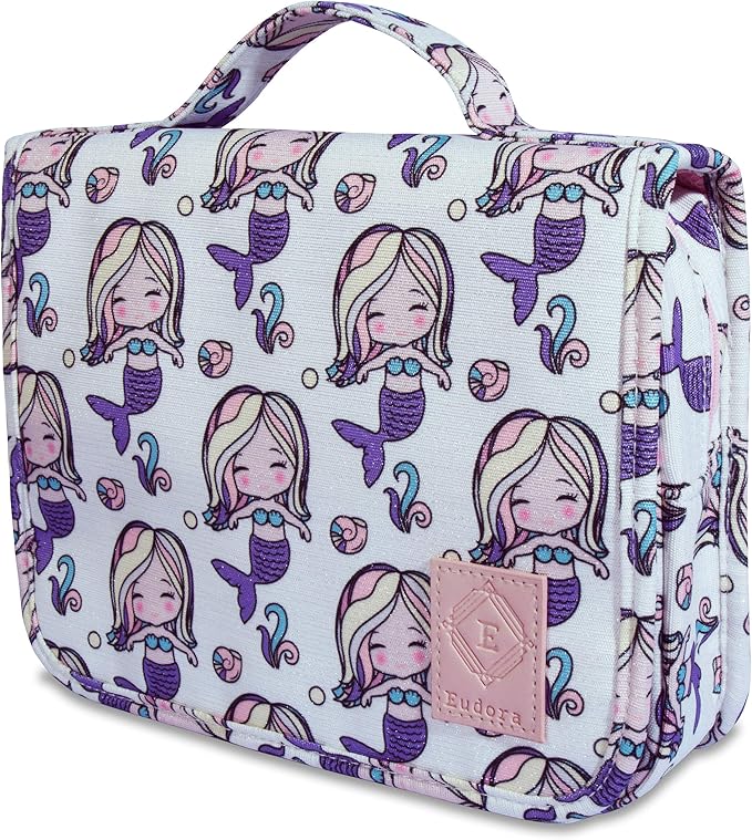 Eudora Hanging Travel Toiletry Bag for Women and Girls, Teenage Waterproof Bathroom Bag, Cute Glitter Mermaid Shower Cosmetic Bag with Large Capacity and 360 Rotatable Hook (Pink)